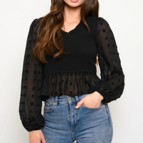 Contemporary Smock Long Sleeved Blouse Top Black - Picture 2 of 5